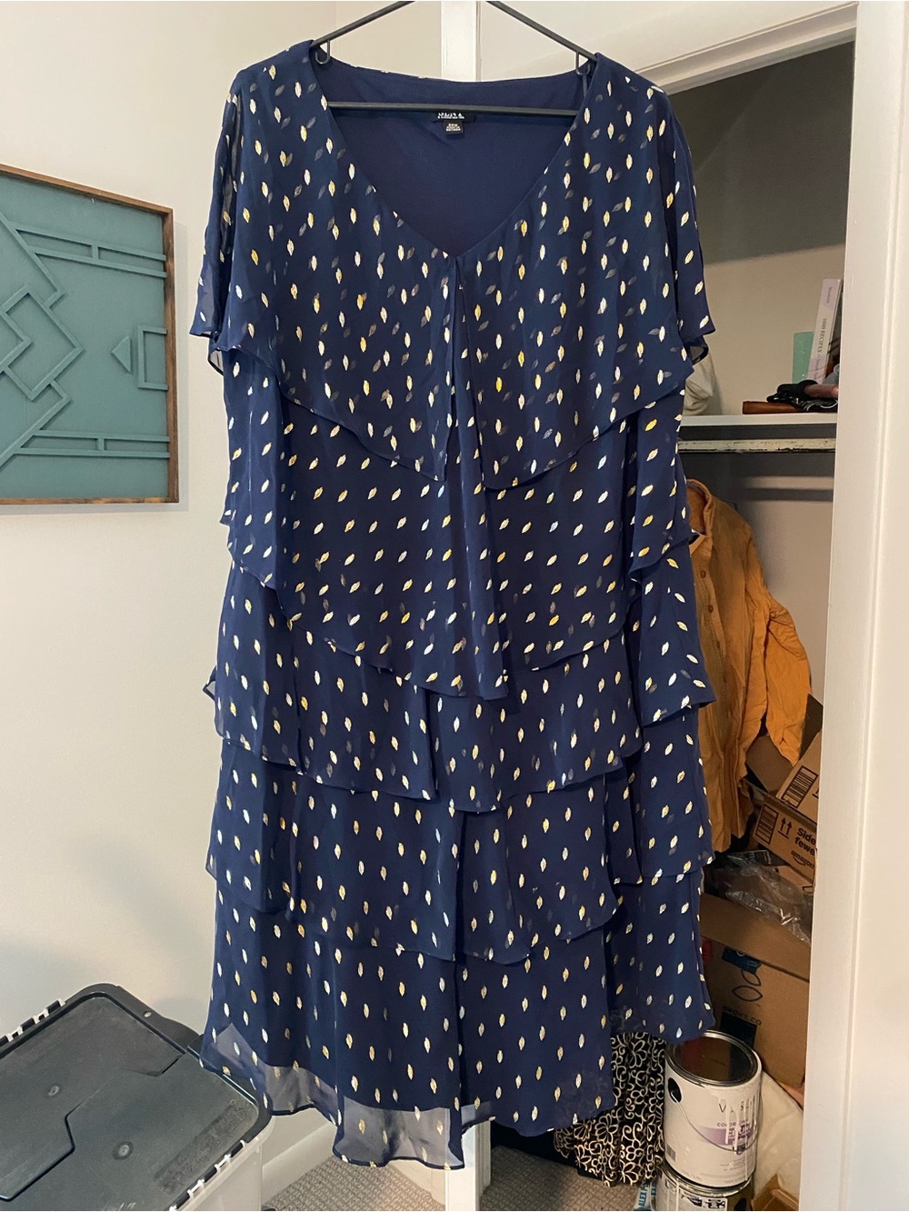 SLNY Navy Blue Tiered Midi Dress with Cream Dot Print